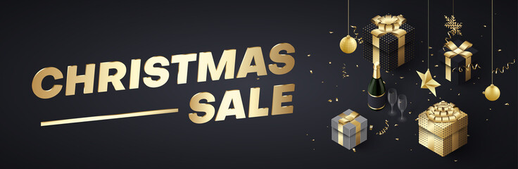 Christmas sale promo banner with golden 3d gifts and Christmas decorations.