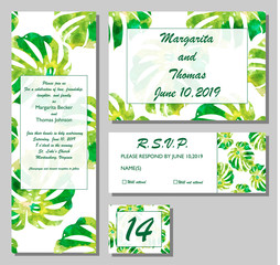 Summer tropical green watercolor palm monstera leaves. Cover design template background for wedding card, advertise spa, web site.