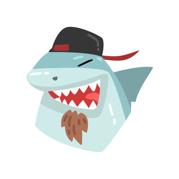 Shark wearing baseball cap, animal portrait cartoon vector Illustration on a white background
