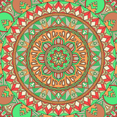 Vector ornamental mandala with a combination of floral, wavy and geometric motifs. Colorful ethnic background, lace ornament. Indian, asian, african, arabic motives. 