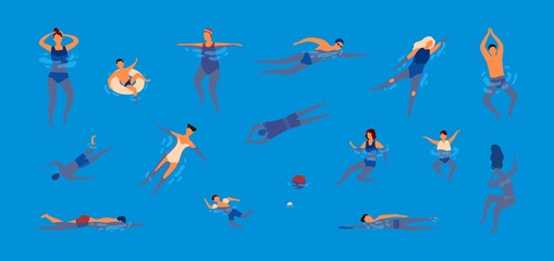 Collection of people dressed in swimwear in swimming pool. Bundle of men and women in swimsuits performing water activities. Set of swimmers. Colorful vector illustration in flat cartoon style.