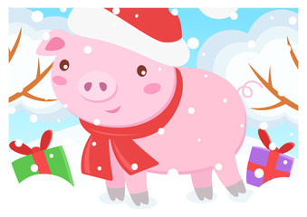 Cartoon happy pig wearing in a scarf and Christmas hat with gift boxes. Snowy winter background. New year 2019. Vector illustration for kids