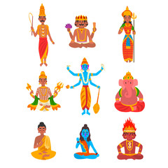 Indian god set, Varuna, Brahma, Parvati, Indra, Vishnu, Buddha, Shiva, Agni, Ganesha vector Illustration on a white background