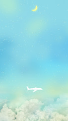 Obraz na płótnie Canvas 満天の星空に浮かぶ雲と新月、飛行機の形をした雲 
