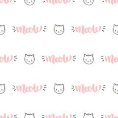 Vector seamless pattern with cat and meow lettering.