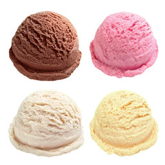 Strawberry, vanilla, chocolate different flavor ice cream scoops side view on white background