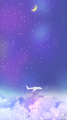 Obraz na płótnie Canvas 満天の星空に浮かぶ雲と新月、飛行機の形をした雲