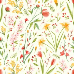 Natural seamless pattern with translucent blooming spring garden flowers on light background. Modern colorful floral vector illustration for wrapping paper, wallpaper, textile print, backdrop.