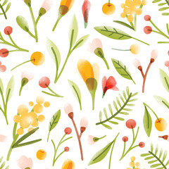 Botanical seamless pattern with translucent blooming summer flowers, berries, leaves scattered on white background