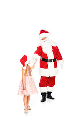 santa claus and little child holding hands isolated on white