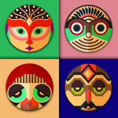 Fashion hipster icons in ethnic mask design: lovely man with beard and feathers on the head, hippie with aviator sunglasses, elegant woman and man with tribal ornament. People set icons. Vector