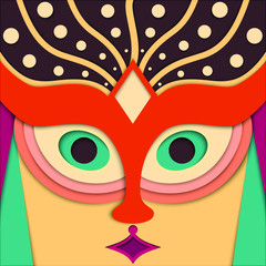 Vector woman face in the oriental style. Ethnic girl with head accessories. Modern material design background. Woman icon in mask design. For background, cards, apps, banner, ad, poster, label, etc