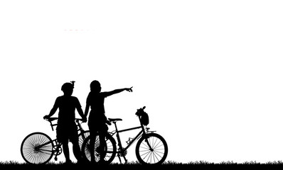 Obraz premium silhouette vintage bike and love couple on white background