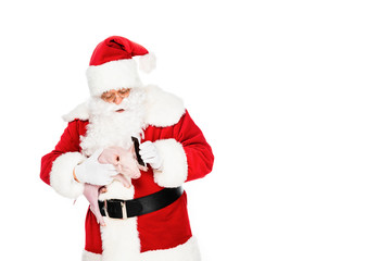 Fototapeta na wymiar santa claus holding piggy in hand and giving her phone for talk isolated on white