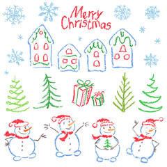 Crayon christmas clip art symbol like child drawing funny doodle isolated design element. Sketch style vector set. Pencil, pastel, chalk kid hand drawn snowman, tree, gift box, text, house, snow