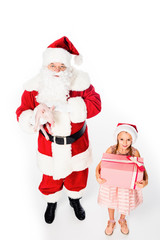 high angle view of santa holding pig and child holding present isolated on white