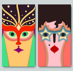Vector set of female cards: oriental woman with head accessories and retro girl with star sunglasses. Material design. Characters for background, phone cover, banner, apps, invitation card, tag, etc