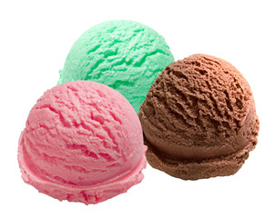 Mint, strawberry, chocolate ice cream scoops isolated on whit background
