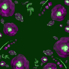 Painted watercolor composition with flowers and leaves. Frame of roses. Floral border. Can be used as invitation card for wedding, birthday, other holiday, summer background, poster, banner.