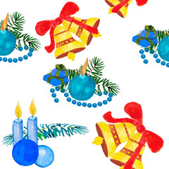 Christmas winter holiday candles and Christmas toys in a watercolor style isolated.