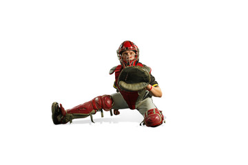 The fit caucasian man baseball player playing in studio silhouette isolated on white background