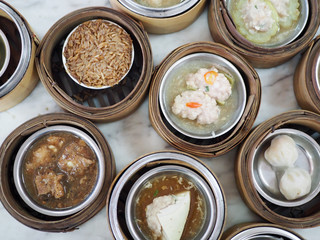 Top view of dim sum in bamboo steam containers at Betong Yala Thailand.