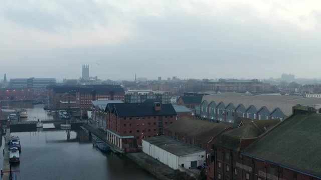 Gloucester docks establishing aerial view.