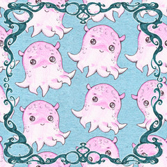 Digital seamless design of a beautiful, elegant and curled frame elements with sea creatures background. Funny cartoon marine animals