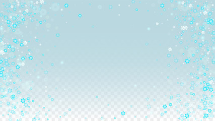 Christmas  Vector Background with Blue Falling Snowflakes Isolated on Transparent Background. Realistic Snow Sparkle Pattern. Snowfall Overlay Print. Winter Sky. Design for Party Invitation.