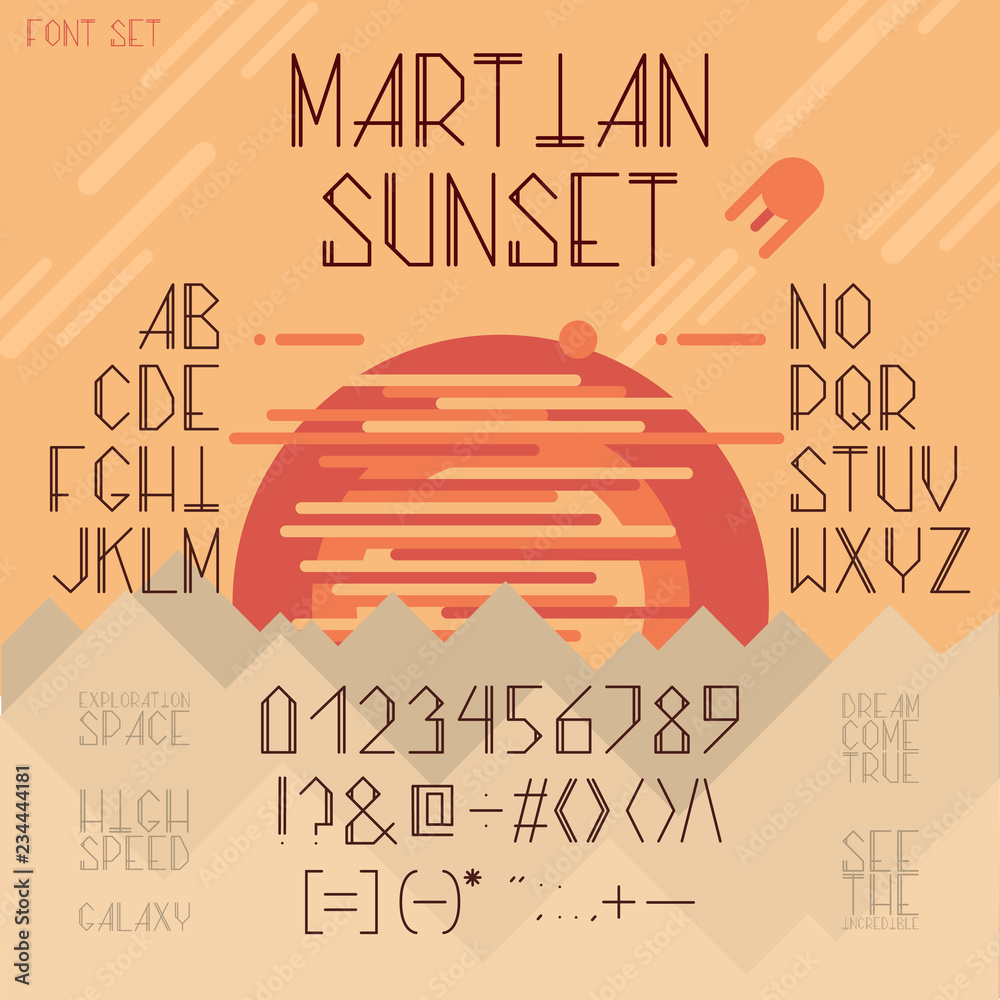 Fototapete vector thin line font, latin alphabet, set with capital letters, numbers and symbols isolated on bac