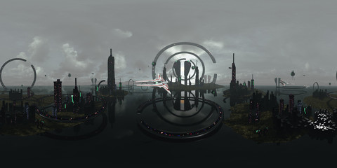 Spherical 360 degrees, seamless panorama alien futuristic city. 3D rendering