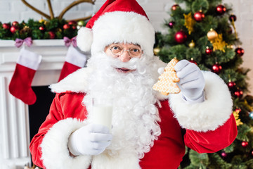 happy santa claus holding gingerbread cookie and glass of milk