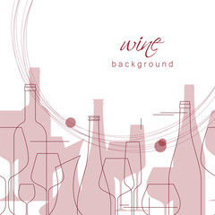 Wine bottles and wine glasses. Vector background with objects in modern line style and silhouettes. Design element for tasting, menu, wine list, restaurant, winery, shop.