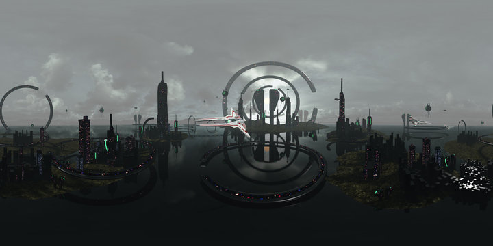 Spherical 360 Degrees, Seamless Panorama Alien Futuristic City. 3D Rendering