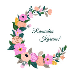 Ramadan Kareem greeting background with crescent moon decorated with flowers, leaves. Floral print in the form of moon. Vector hand drawn card, poster, banner for Islamic Holy Month