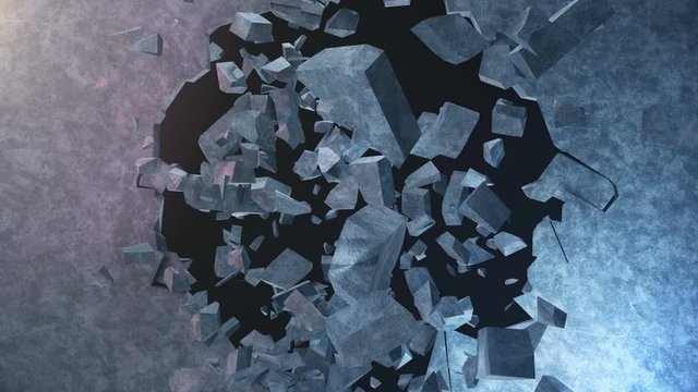 Explosion destroys the wall, broken concrete wall. Fragments of concrete wall fly to pieces. Bullet hole in wall, destruction. Animation With Alpha Channel, slow motion effect.