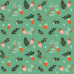 Seamless pattern with adorable illustration of stylized flowers and leafs. Botanical illustrational with branches and cones. Color vector background. Good for fabric design and wrapping paper