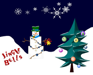 Christmas illustration of snowman during winter while snowing outside with Christmas tree and text Jingle Bells