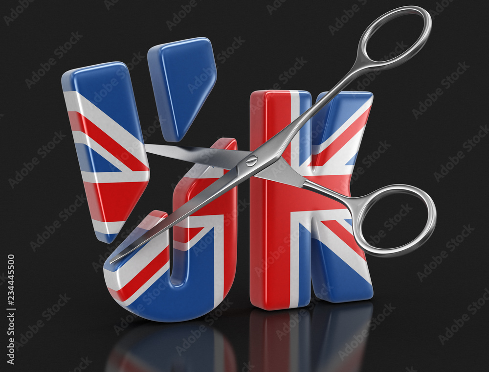 Poster scissors and text uk with flag. image with clipping path