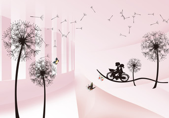 Soft pink background, outline drawing, boy and girl riding a bicycle, large black outlines of dandelions, flying colored butterflies
