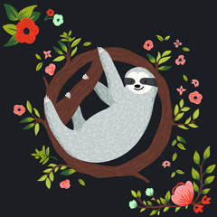 Vector cute sloth hanging on the tree. Funny baby sloth, flowers, branch. Adorable animal illustration for invitation, greeting card, t-shirt print, pattern fills, poster, background, cover, etc - 234445788