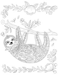Vector ornate cute sloth on the tree, coloring page design. Hand drawn animal coloring book for adult. Zentangle sloth print with floral and geometric elements. Line art