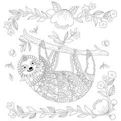 Vector ornate cute sloth on the tree, coloring page design. Animal coloring book for adult. Zentangle sloth print with floral and geometric elements - 234445934