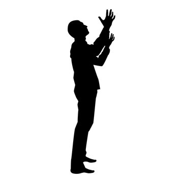 Man is turning to heaven Man up arm Appeal to god Pray concept silhouette icon black color illustration