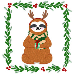 Cute baby sloth dressed in antlers. Funny sloth holding gift box. Christmas design of hand drawn hipster animal, mistletoe frame, fir branches and other elements. Vector illustration