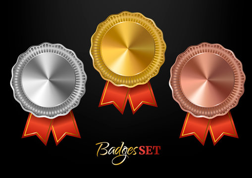 Set of three blank medals with red ribbons on black background. Gold, silver, bronze medallions.  Blank medals set. Badges. Vector illustration.