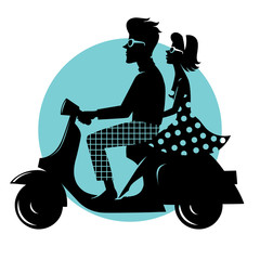 Naklejka premium scooter5/Happy couple on a scooter. Silhouette couple on a blue background. Vector illustration.
