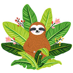 Cute baby sloth sitting among greenery. Summer print with funny sloth and throne of tropical leaves. Vector illustration