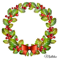 Christmas mistletoe wreath with red holly berries and bow. Christmas door decor. Vector illustration.