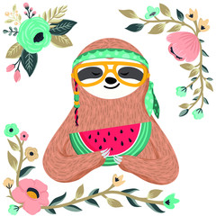 Cute baby sloth eating watermelon. Hipster animal wearing glasses and bandana. Funny hippie sloth holding watermelon slice. Vector art